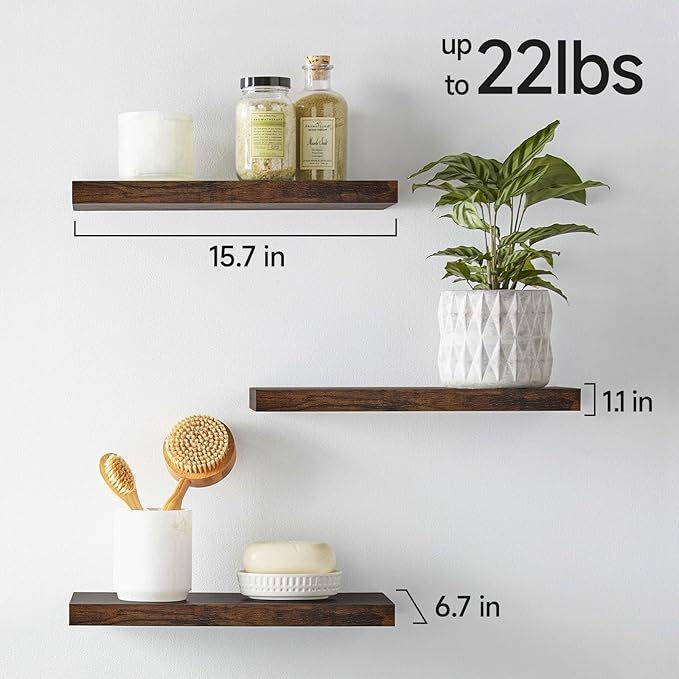 BAYKA Bathroom Floating Shelves for Wall Set of 3 - Rustic Brown Farmhouse Wood Shelves Over Toilet for Bedroom, Kitchen, or Living Room Decor Display, Storage for Plants, Toilet Paper or Bath Towels