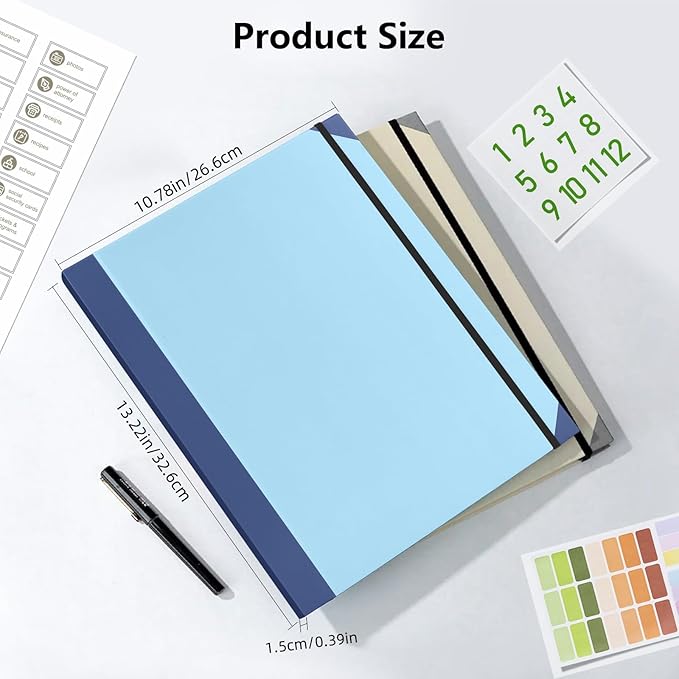 Document Organizer, File Folder with Labels and Pockets, Expanding Storage Folder for Important Papers, Emergency Binder, Birth Certificates and Letters, Ideal for Home Files Organization (Blue)