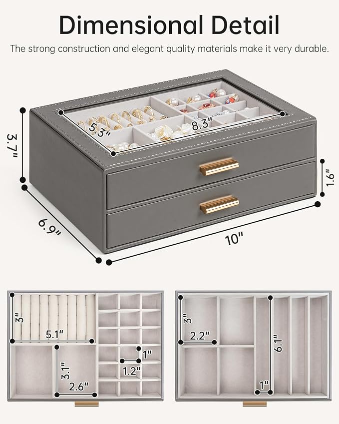 AKOZLIN Jewelry Box with Clear Lid Functional Leather Jewelry Storage Organizer Case 2 Drawers for Women Girls Necklace Ring Bracelet Earring