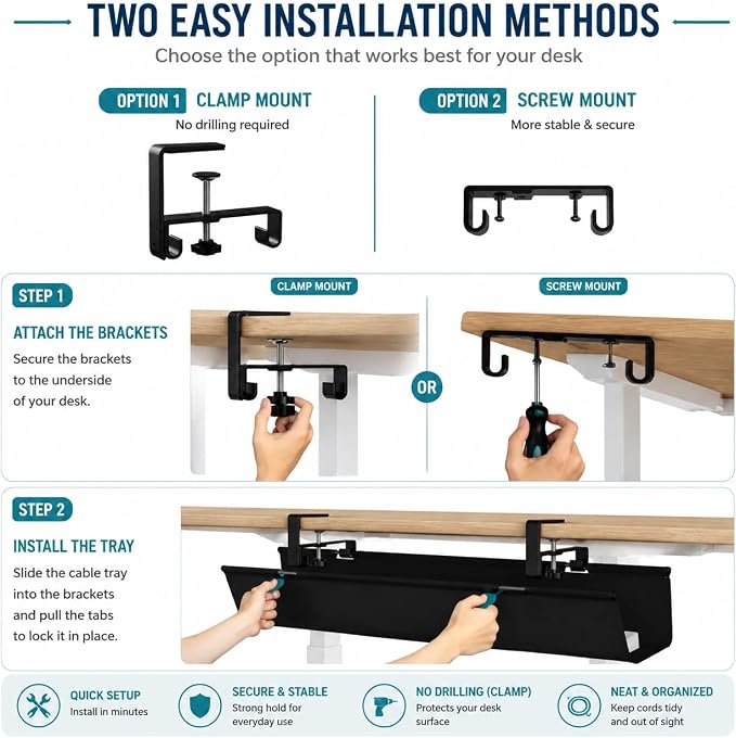Under Desk Cable Management Tray, 90CM Extra Large, No-Drill Clamp Mount Cable Organizer, Hide Power Strips, Adapters & Wires, Easy Access Fabric Cable Basket for Standing Desks & Home Offices