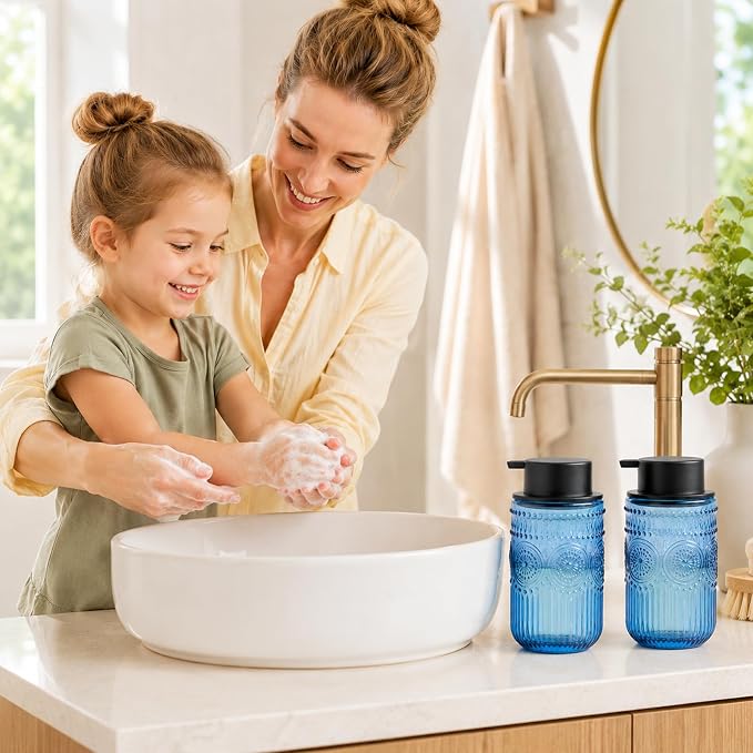 Refillable Foam Soap Dispenser Set of 2, Foaming Hand Soap Dispenser | Glass Foaming Soap Dispenser for Bathroom,Kitchen, Modern Home Decor 13.8 oz