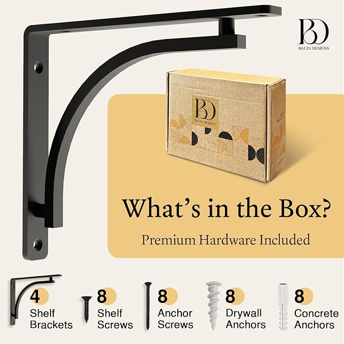 Classic Black Heavy Duty Shelf Brackets 10 inch by Balin Designs – L Bracket, Wall Mounted Support, Shelving Metal Bracket, Decorative Shelf Brackets, with Hardware Included, Set of 4
