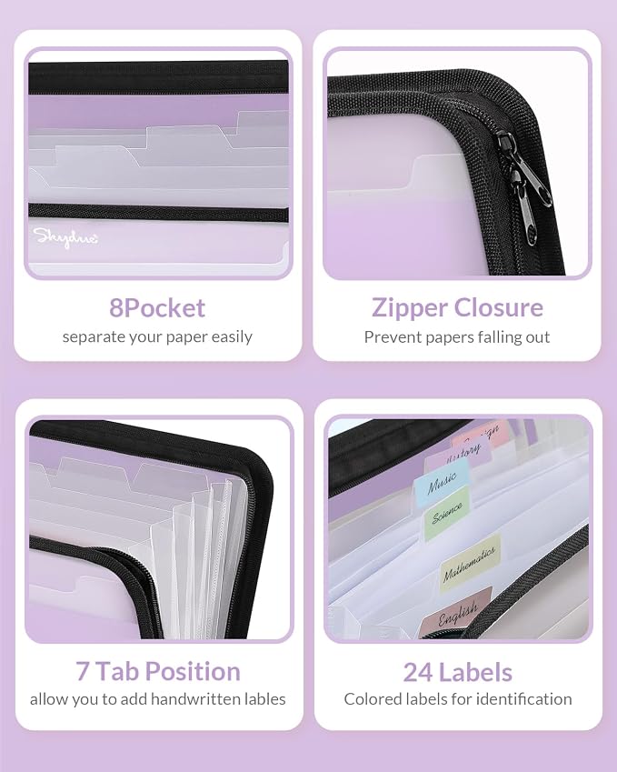 SKYDUE Accordion File Organizer, 7 Pocket Expanding File Folder with Front Pocket, Letter Size, Important Document Organizer with Double Zipper,Travel Folder, School Office Supplies