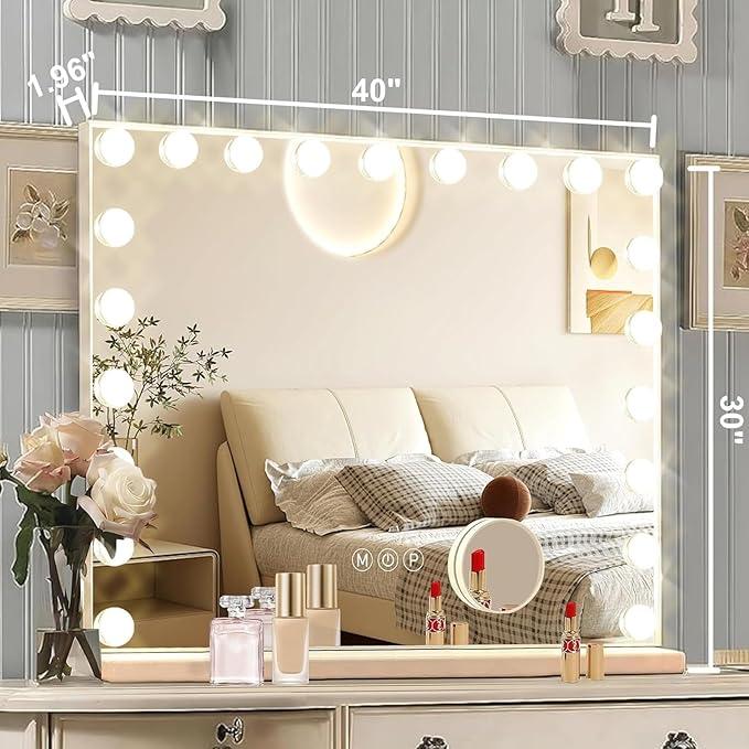 Ratsamee Hollywood Vanity Mirror with Lights, 21 Dimmable Bulbs, 3 Color Lights,Make Up Lighted Mirror, Aluminum Metal Frame, USB Charging Port（40" x 30"）
