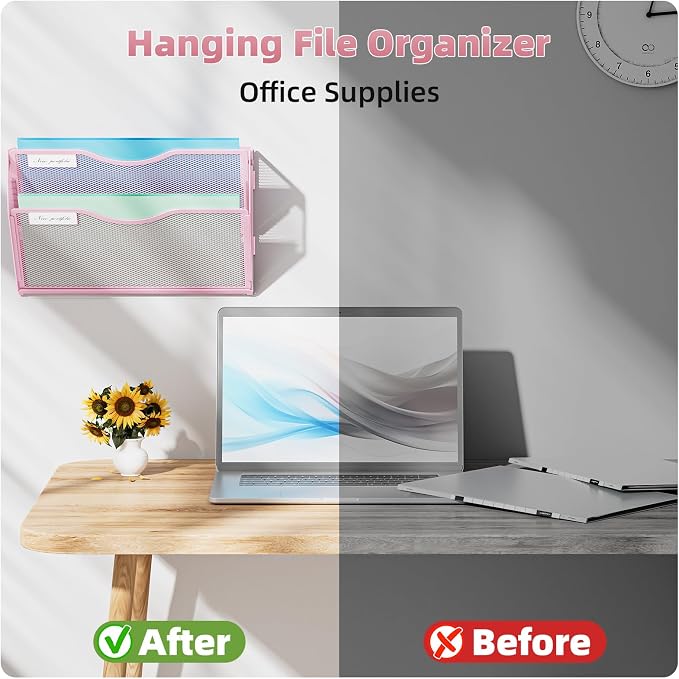 Marbrasse Wall File Holder 2-Tier Hanging Wall File Organizer, Mesh Mail Holder for Papers, Wall Mount File Clipboard & Magazine Organizer Great for Office Home (Pink)