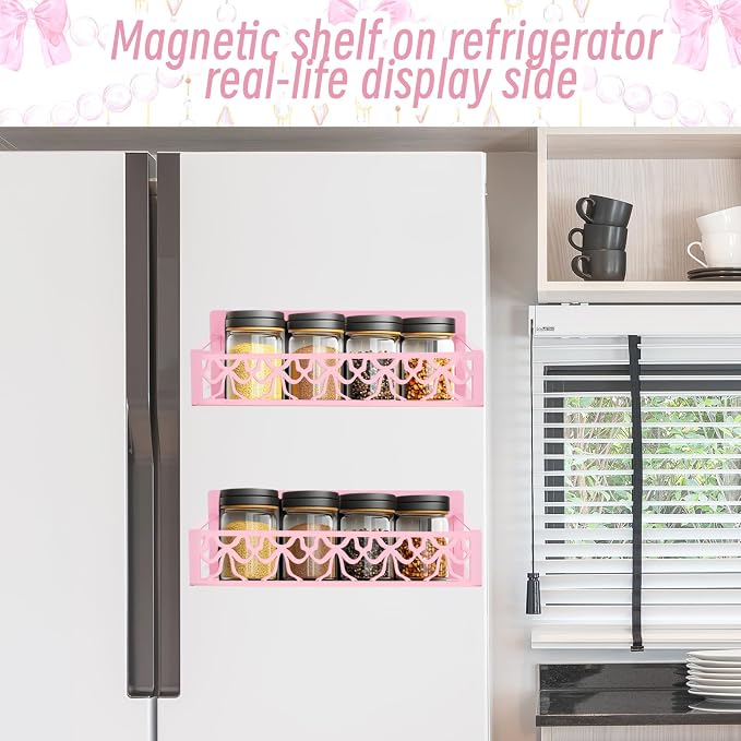 JarThenaAMCS 2Pcs Pink Bow Magnetic Spice Rack for Refrigerator Metal Basket Shelf Seasoning Storage Organizer Holder for Valentine's Day Home Kitchen Fridge Decor Accessories