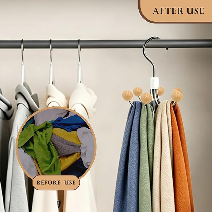 Sweatshirt Hangers with 6 Cedar Balls, Purse Hanger, Scarf Hanger, Wooden Closet Hooks, Handbag Organizer, Bra Hanger, Accessory Organizers for Scarf, Tanktop, Hat, Hoodie-Wood Color(2 Pack)