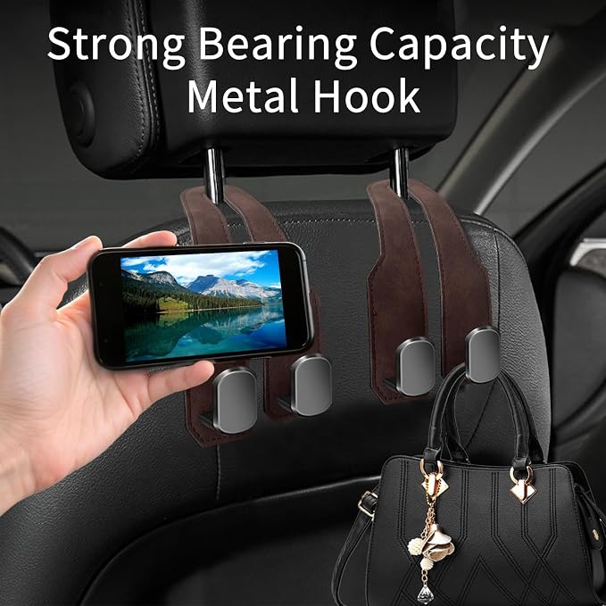 Car Seat Headrest Hooks for Purses and Bags, 2 Pack Bag Purse Holder for Car With Double Metal Hooks, Car Purse Hanger, Headrest Back Seat Handbags Hook Cute Hanging Accessories, Brown