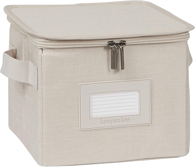 Covermates Keepsakes Zip-Top Storage Box Set, 3 Pack Heavy Duty Polyester Organizer Bins, Stackable Design, ID Window, Reinforced Handles, Closet Home Storage, Beige Heather