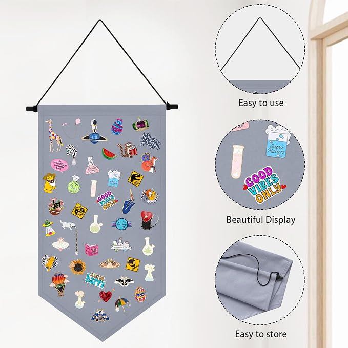 Winmany Wall Hanging Brooch Jewelry Storage Case Canvas Display Stand Enamel Pin Display Banner Holder Earrings Necklace Glitter Pin Collection Organizer (Grey)