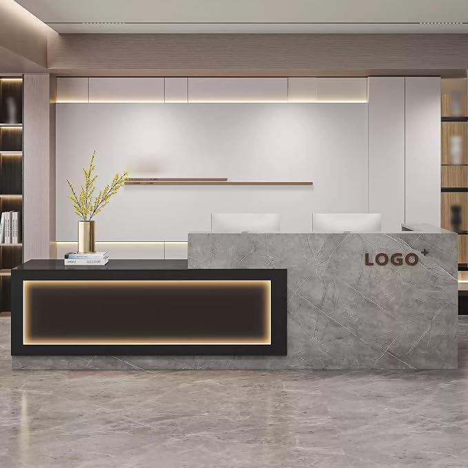 Modern Reception Desk with Counter, Front Desk Reception Counter with Lockable Drawer, Keyboard Tray & Storage Cabinet, Solid Wood Receptionist Table for Salon Office Lobby (C - Left, L 2.6m/102in)