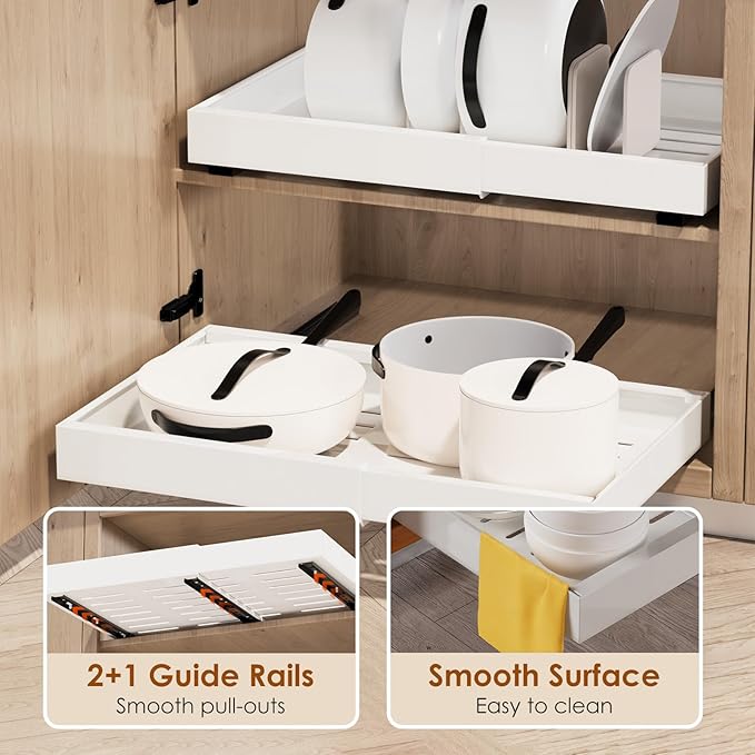 2 Pack Expandable Pull Out Cabinet Organizer 21" Deep, Adjustable Width 12.6"-20.5", No Drill Adhesive with Triple Track Rails, Heavy Duty Slide Out Drawers for Kitchen, Pantry, Cabinets,White