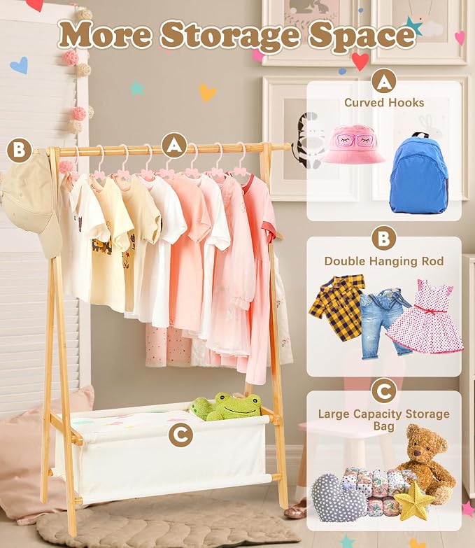 Kids Clothing Rack with Storage, Dress Up Rack, Child ClothesRack, Small Garment, for Costume, Bamboo (Natural Color)