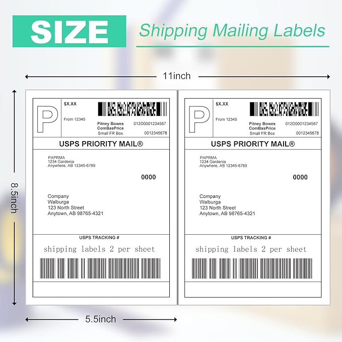 Half Sheet 8.5x5.5inch Shipping Mailing Label 1000 Counts, 2 Labels Per Sheet 8.5 x 11 for Laser & Inkjet Printer, Permanent Adhesive Label Square Corner (500 Sheets)
