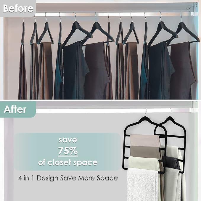 Velvet Hangers Space Saving Non Slip Pant Velvet Hangers, DUDUCOFU 6 Pack Black Multi Layer Clothes Hangers Closet Organizer for Pants Trousers Scarf