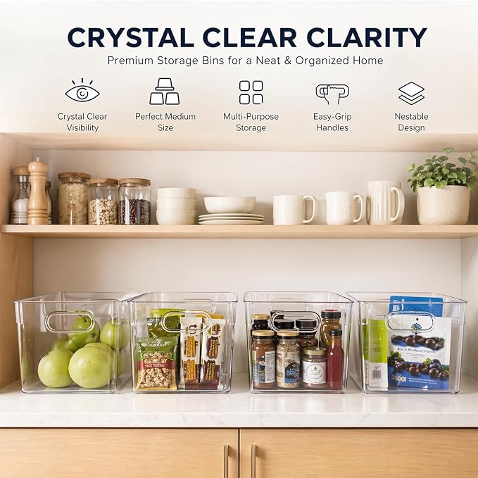MOONEDGE 4 Pack Clear Plastic Storage Bins 11x8x6in Storage Containers | Drawer Organizer with Handles, Clear Bins for Organizing, Pantry, Kitchen, Fridge, Bath, Cabinet, Closet Shelf, Under-Sink