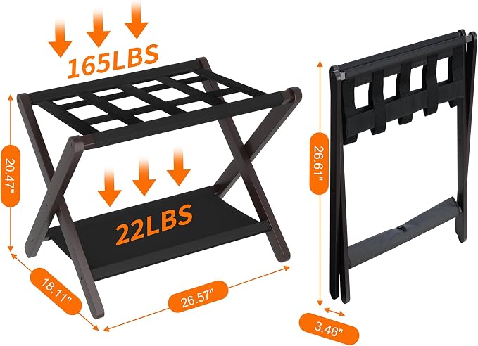 Heybly Luggage Rack, Folding Suitcase Stand with Storage Shelf, Heavy-Duty Luggage Holder for Guest Room Bedroom Hotel, Holds up to 165 lb, Black, HLR010Z1