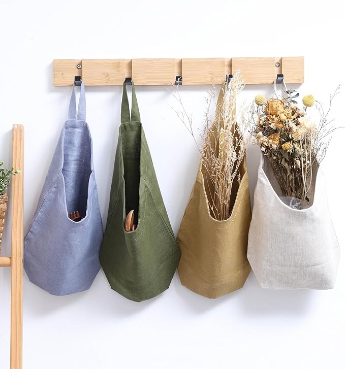 100% Linen Hanging Bags - 2 Pcs, Small Wall Storage Baskets for Kitchen, Bedroom, RV, Camper Organizer, Sewing Room, Nursery, Kids Room, Blue