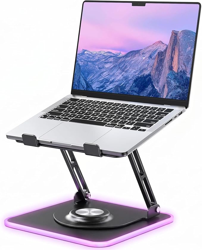 JOYEKY RGB Laptop Stand for Desk, Adjustable Ergonomic Laptop Riser with 360° Rotating Base, Foldable & Portable Computer Stand, Suitable for All 10-16” Laptops