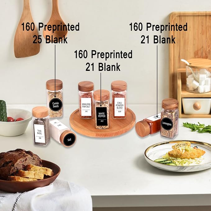 Churboro 36 Pack 4oz Glass Spice Jars with 547 Labels, Acacia Wood Lids | Empty Square Spice Bottles with Acacia Wood lids, Labels, Funnel & Chalk Pen. Keep Seasoning Containers Neat and Organized