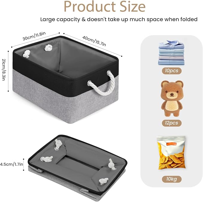 Large Storage Baskets- 15.7x11.8x8.26 inch Storage Bins for Shelves and Closet Organizing, Foldable Fabric Bin for Home Organization Clothes and Laundry (6-Pack, Black&Gray)