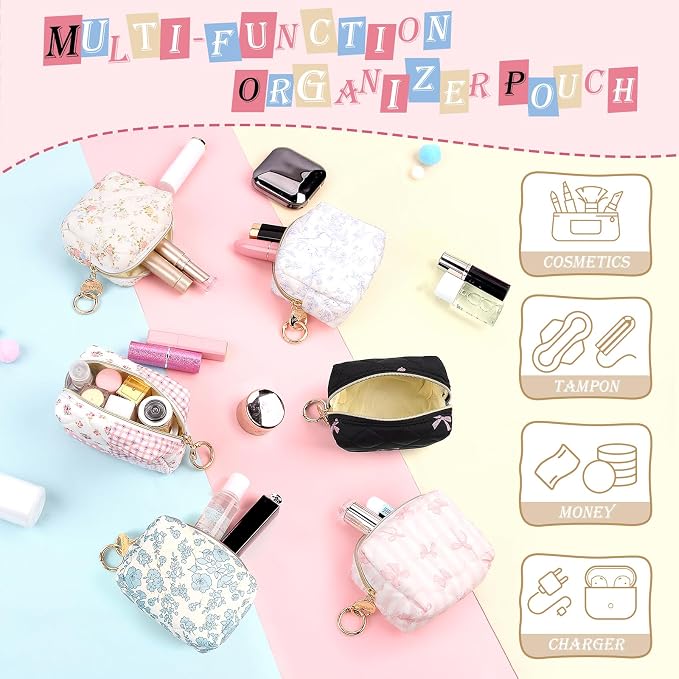 Quilted Mini Makeup Bag, Cute Small Cosmetic Bag for Purse, Yellow | Floral Travel Makeup Pouch, Make Up Pouch for Women, Purse Organizer Pouches for Travel/ Gym/ Daily Use, Perfect Gifts
