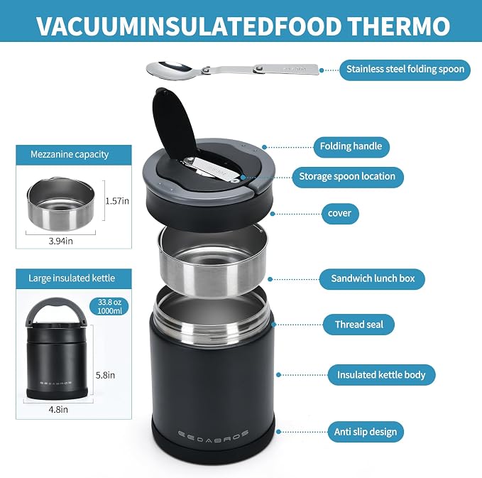 Thermo for Hot Food 33.8OZ, Vacuum Insulated Food Jar for Adults, Stainless Steel Soup Thermo Wide Mouth Leakproof Lunch Containers with Spoon for School Office