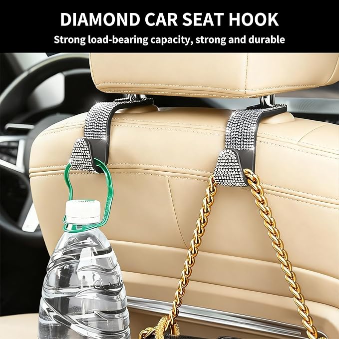 4PCS Bling Car Seat Headrest Hooks, Vehicle Back Seat Purse Handbag Hanging Holder with Crystal Rhinestone, Diamond Storage Organizer Hook,Bling Car Accessories for Women (White)