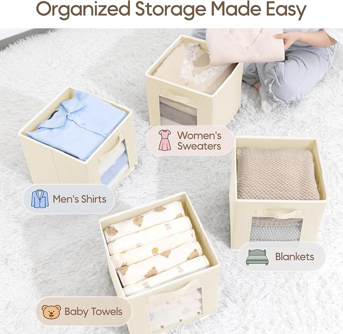 Homsorout Foldable Storage Cubes - Cubby Storage Organizer with Window, Decorative Baskets for Organizing, Fabric Bins for Clothes Storage, Closet Storage Cubes-11inch, Set of 12, Beige