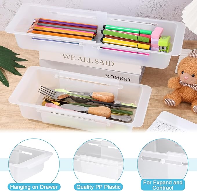 2 PCS Deep Drawer Organizer Bin Adjustable Sliding Drawer Organizers Clear Expandable Transparent Organizer Trays for Home Office Kitchen Makeup Storage Tools