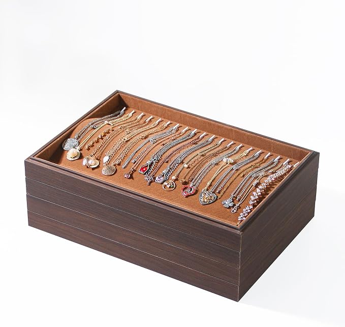 Wood Jewelry Organizer Tray, Necklace Display (Brown, 2Pc, 20-Hook) | Stackable Jewelry Display, Necklace Holder, Tangle-Free Necklace Stand, Pendant Organizer