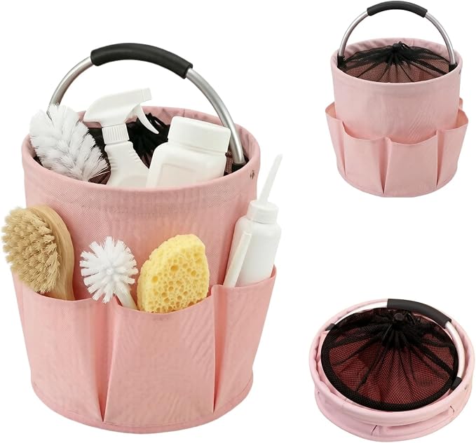 Pink Cleaning Caddy with Handle & Drawstring Top, 17L Foldable | Waterproof 600D Oxford Utility Caddy with 6 Pockets, Collapsible Cleaning Basket for Home, Garden, Dorm, Shower, Bathroom