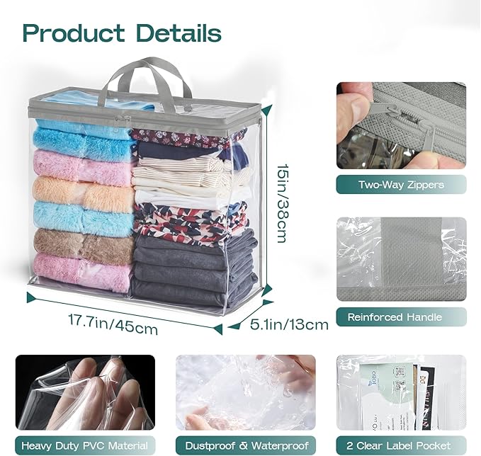 5 Pack Clear Storage Bags for Clothes, 22L Blanket Storage Bags, Under Bed Storage, Closet Organizers Bag, Upgraded Version Two-Way Zippers Design(Grey)