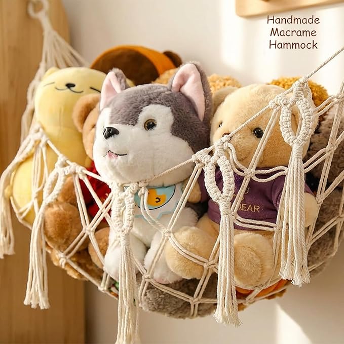 Stuffed Animal Net or Hammock for Flat Wall Mounted Handmade Macrame Toy Display Hanging Plush Toy Net for Stuff Animal Storage(Cream large)