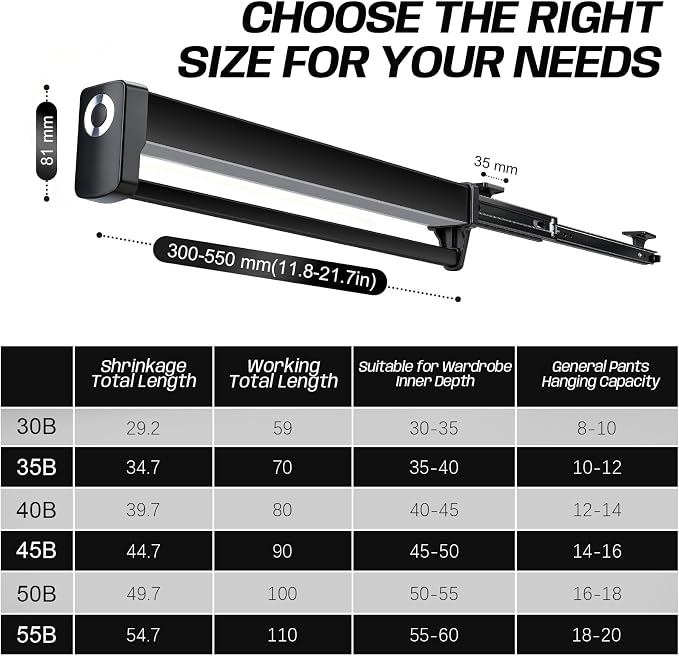 Pull Out Closet Valet Rods with LED Lighting, Slide Out Steel Pants Rack | Adjustable Heavy Duty Trouser Rack, Retractable Pants Hangers Top Mounted with Built-in Lithium Battery (450mm/17.7inch)