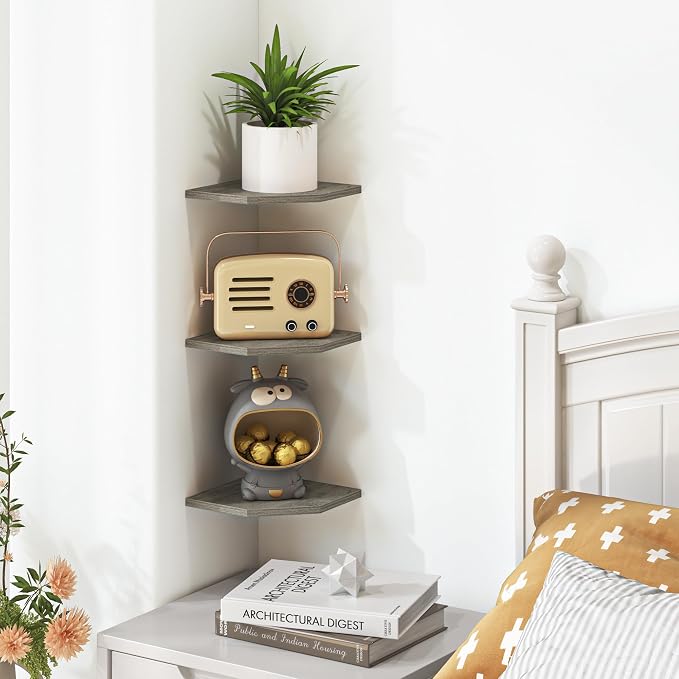 Fun Memories Corner Shelf Wall Mount, Floating Corner Shelves, Set of 6 Corner Wall Shelf Organizer, Rustic Wood Wall Storage Display Shelves for Living Room Bedroom Bathroom Kitchen, Rustic Grey