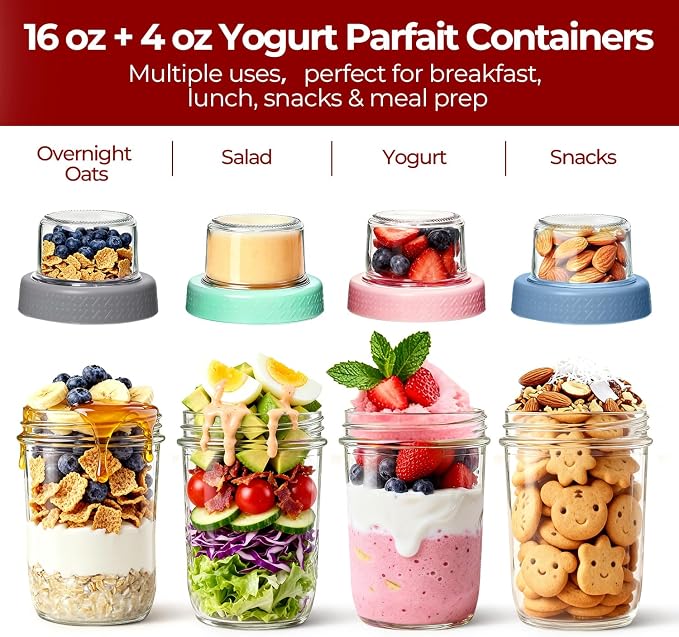 16+4 oz Yogurt Parfait Cups with Lids 4 Pack Overnight Oats Jars | Dry Wet Separation, Cereal Cups,Chia Pudding,Snacks,Nuts, Fruit,Granola Toppings,Meal Prep Jars