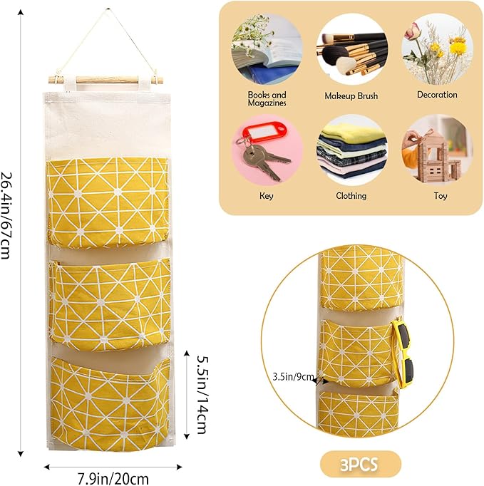 COVRA 3-Pack Wall Hanging Storage Bags – Over-the-Door Organizers with 3 Large Pockets (6.3" × 5.1"), Hanging Closet & Pantry Organizer for Bedroom, Bathroom, Dorm, and More (Yellow)