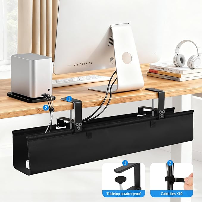 Under Desk Cable Management Tray, 36-Inch Heavy Duty No-Drill Clamp & Screw Mount Cord Organizer, Holds Power Strip & Large Adapters for Home Office, Gaming Desk, Study Room