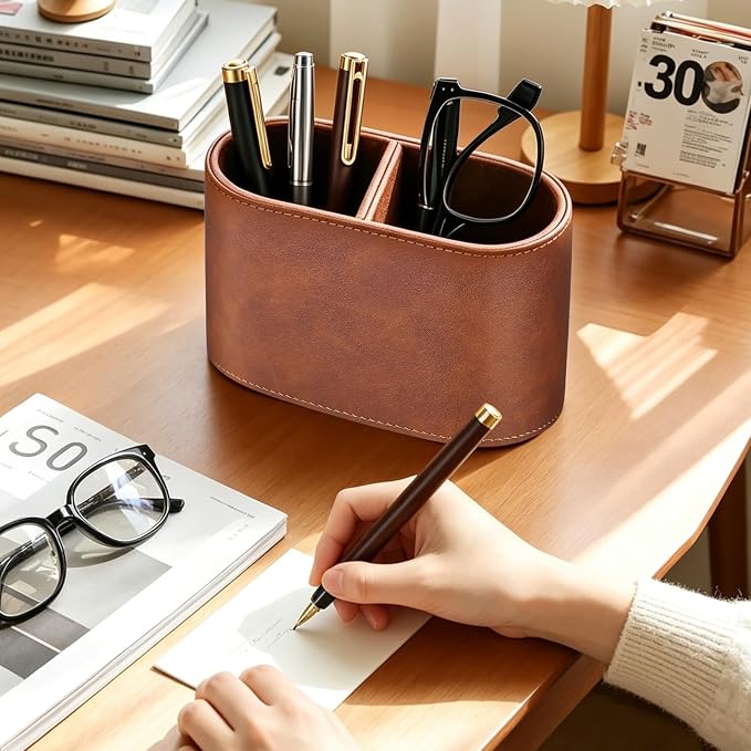 Pen Holder for Desk, Small Remote Control Holder, Brown | 2-Compartment Oval Pencil Cup with Soft Velvet Lining, PU Leather Desktop Organizer Caddy for Home School Office Desk