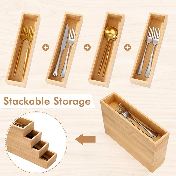 4 Pcs Bamboo Drawer Organizer Stackable Utensil Organizer for Kitchen Bamboo Storage Box Wood Silverware Tray for Drawer, Dresser, Bathroom 12" x 3" x 2"