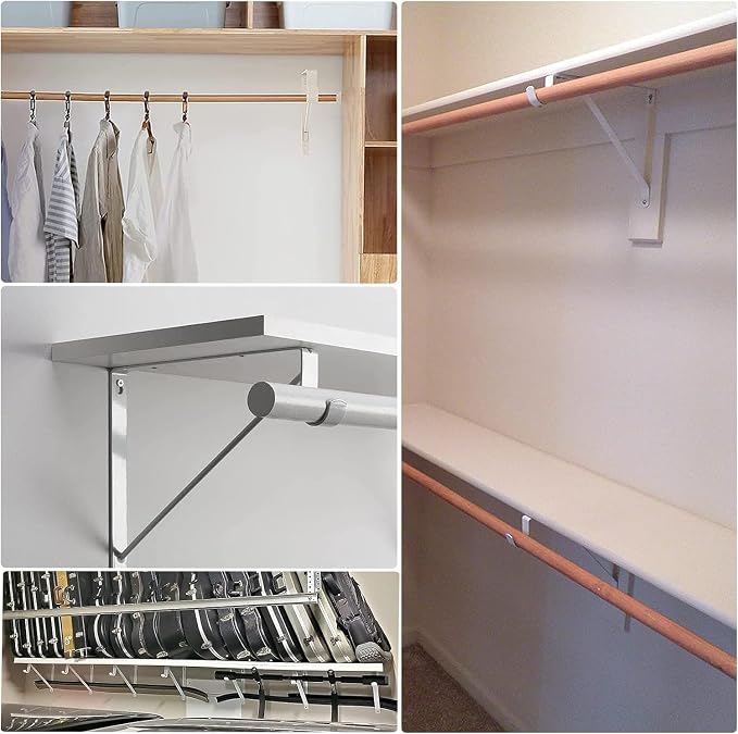 6PCS Heavy Duty White Closet Rod Brackets 11 x 11 Inch,1-3/8Inch Diameter Shelf and Rod Bracket Holder for Home and Closet Decor, Wall Mount Closet Pole Supports Bracket Hook with Screws