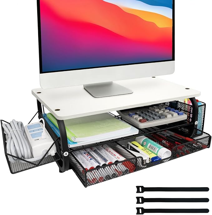 Desk Organizers and Accessories Monitor Riser, Monitor Stand with Drawer (2-Tier Drawers) with Large Side Storage Rack & Cable Management,66LBS/30KG, Office Organization, White