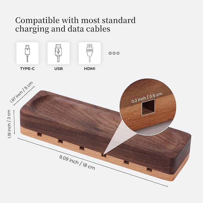 Magnetic Cord Holder with 6 Slots - Walnut & Beech Wood Cable Organizer for Lightning, USB, USB-C, Stick-on Design for Desk, Under Desk, Nightstand