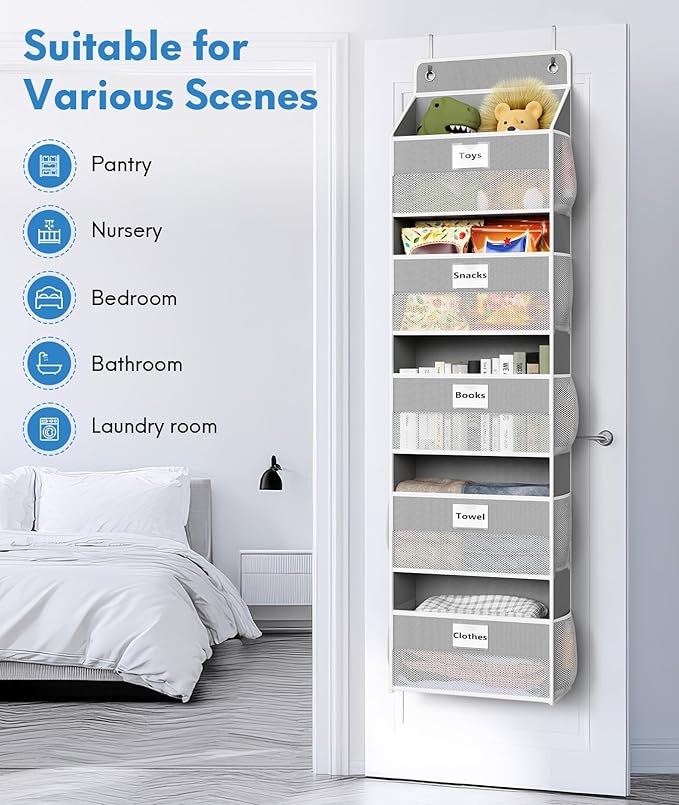 Optish Over The Door Organizer Hanging, 2 Pack 5 Shelf Behind The Doors Storage, Pantry Door Organizer, Closet Organizers for Bedroom and Nursery (Grey)