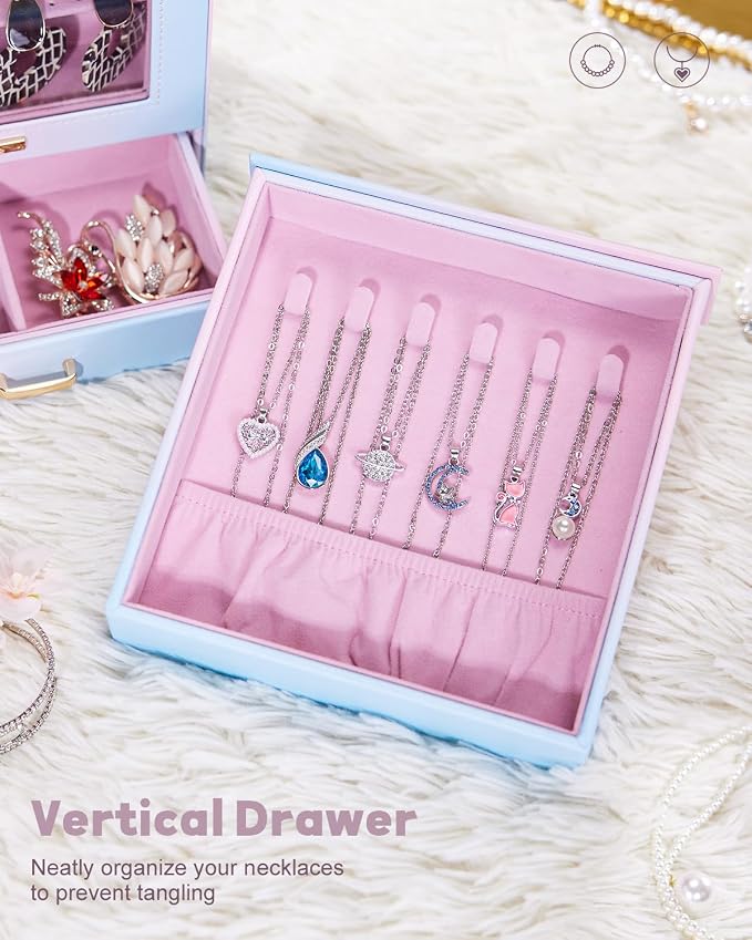 Homde Display Jewelry Box for Girls: Starter Organizer with Clear Window | Vertical Drawers for Earrings Rings Necklaces - Compact Footprint Fits Small Vanities - Birthday&Graduation Gift for Teens