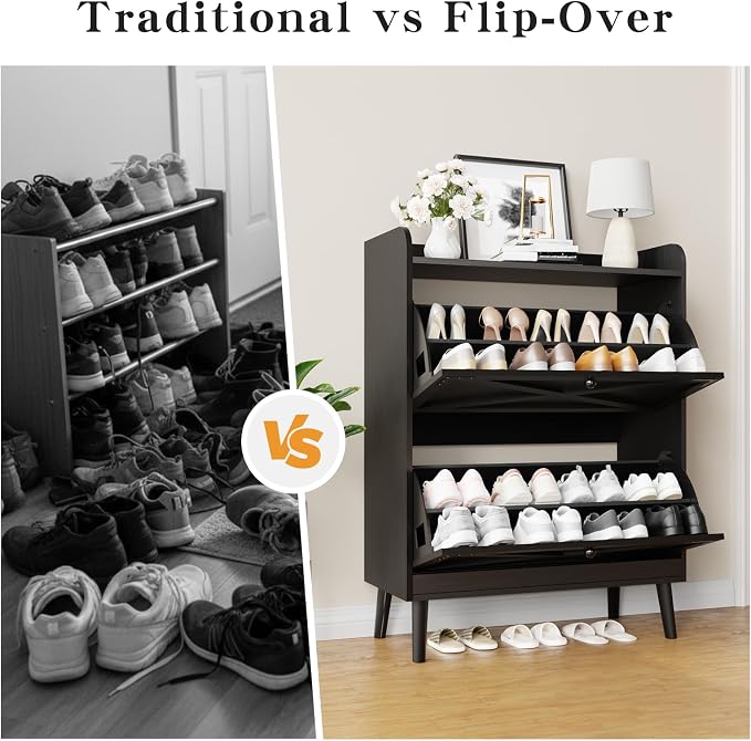 Shoe Storage Cabinet with 2 Flip Drawers & Adjustable Shelves, Freestanding Shoe Cabinet with Side Hooks Narrow Shoe Rack Cabinet for Entryway,Black