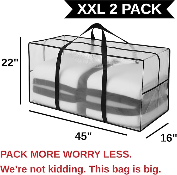 68.5 GAL 2 Pack XXL Jumbo Extra Large Heavy Duty Stronger Handles Storage Bags Moving Totes Zippered Reusable Wrap Around Handle Storage Totes (Translucent/Semi-Transparent)