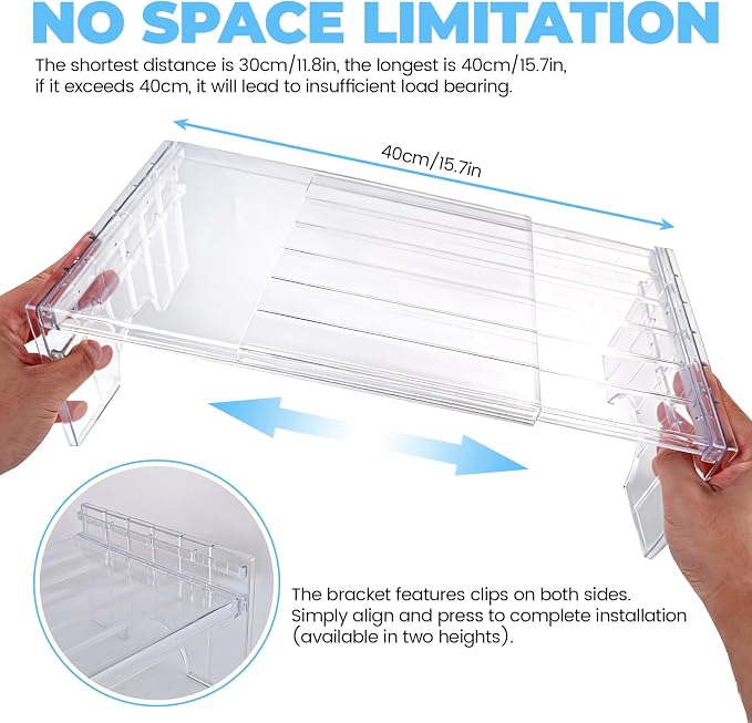 11.8-15.8in Expandable Freezer Shelf, 2 Heights Adjustable Refrigerator Organizer, Acrylic Shelf Riser Kitchen Cabinet Rack for Pantry, Cupboard, Countertop, Office