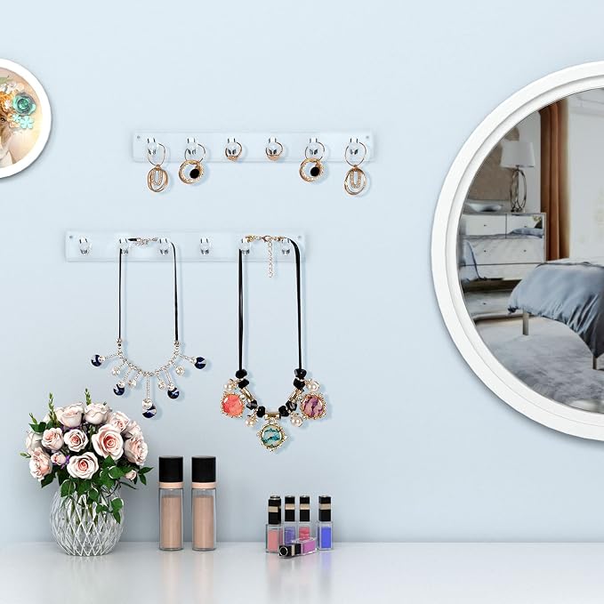 AITEE Acrylic Necklace Holder Organizer Wall Mounted with 6 Hooks, 4 PACK | 11.3x1.38, prevents tangles, hangs necklace, jewelry, bangles, bracelets, rings, for home, best gifts for girls and women